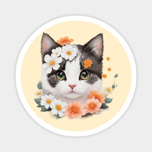 Enchanting Feline Fantasia: Dreamy Kitten in Floral Wonderland Magnet